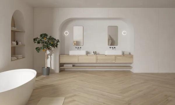 Baño con azulejos efecto madera en tonos cálidos, colección Verbier de Peronda