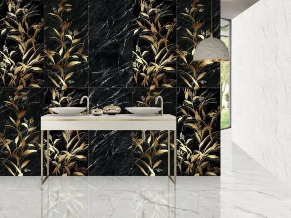 Baño con azulejos efecto mármol, colección Agata de Durstone