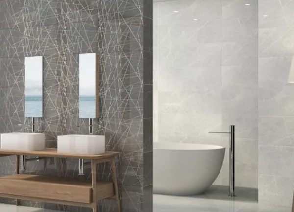 Baño con azulejos efecto mármol en tonos neutros, colección Altamura de TAU ceràmica