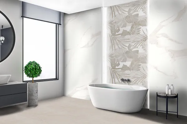 Baño con azulejos efecto mármol en tonos neutros, colección Baranello wall de TAU ceràmica