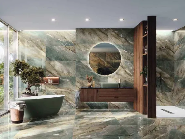 Baño con azulejos efecto mármol en tonos fríos, colección Brazil de Ape