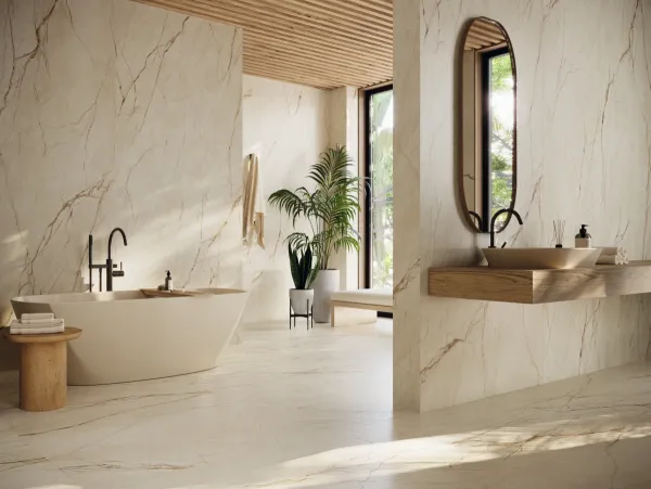 Baño con azulejos efecto mármol en tonos cálidos, colección Canela roma de Grespania