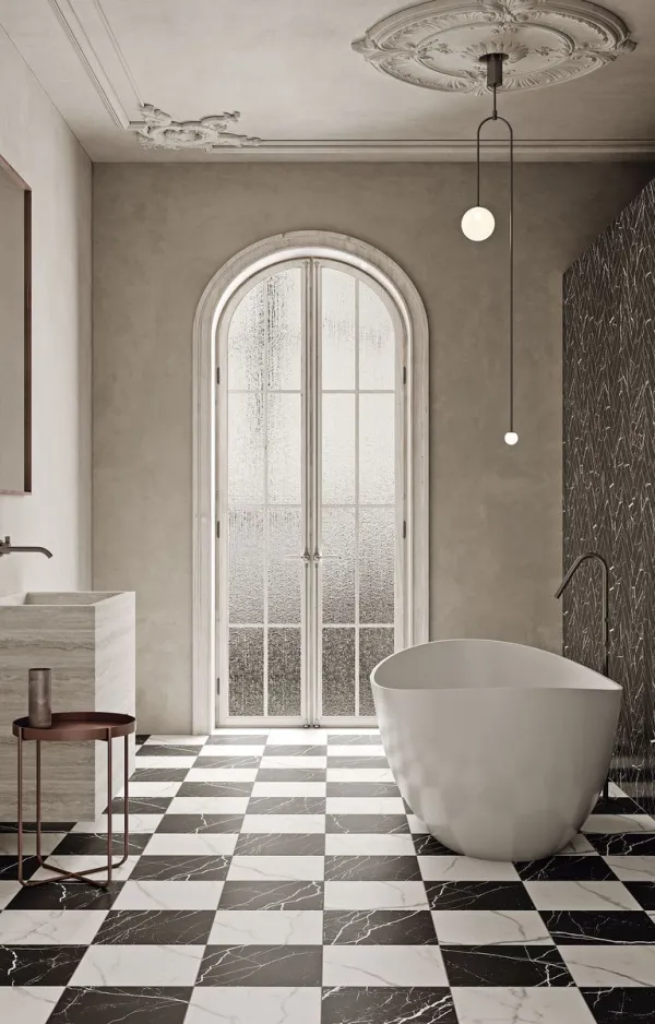 Baño con azulejos efecto mármol, colección Classic marbles de Ribesalbes