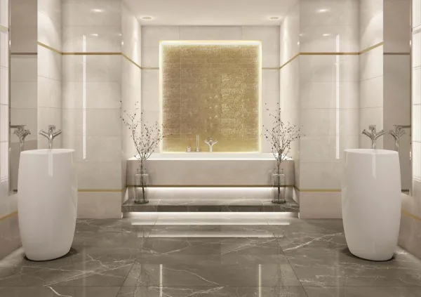 Baño con azulejos efecto mármol en tonos cálidos, colección Crotone de TAU ceràmica
