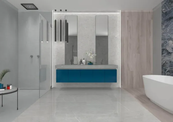 Baño con azulejos efecto mármol en tonos neutros, colección Elite de TAU ceràmica