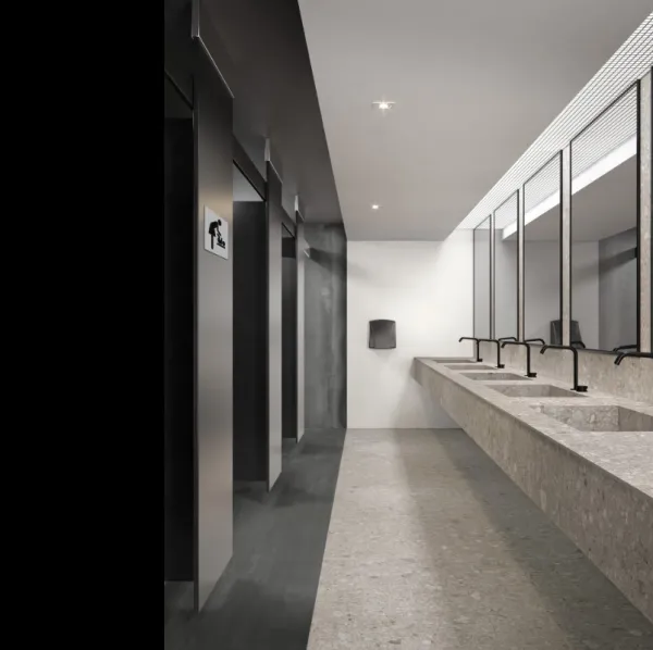 Baño con azulejos efecto mármol en tonos neutros, colección Grande stone de Marazzi