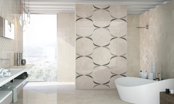 Baño con azulejos efecto mármol en tonos neutros, colección Lord de Fanal