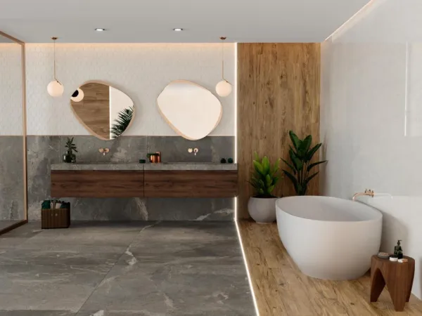Baño con azulejos efecto mármol, colección Mainstone de TAU ceràmica