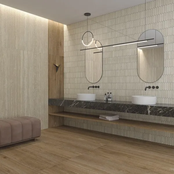 Baño con azulejos efecto mármol en tonos cálidos, colección Paris de Vives