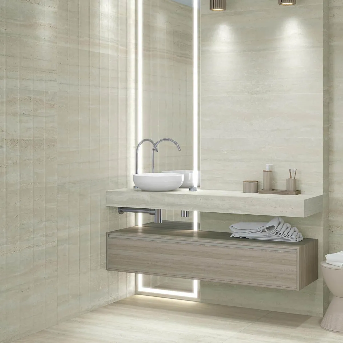 Baño con azulejos efecto mármol en tonos neutros, colección Sentier de Vives