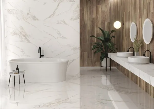 Baño con azulejos efecto mármol, colección Torano de Museum