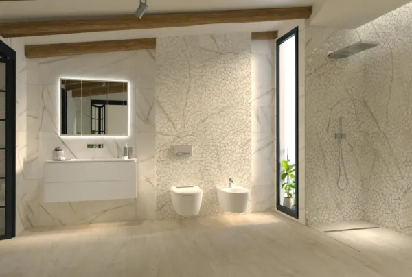 Baño con azulejos efecto mármol en tonos cálidos, colección Viena gold de Durstone