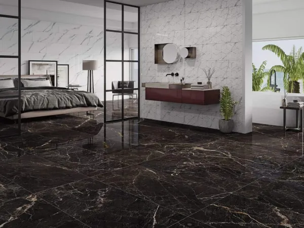 Baño con azulejos efecto mármol en tonos neutros, colección Windsor de Fanal