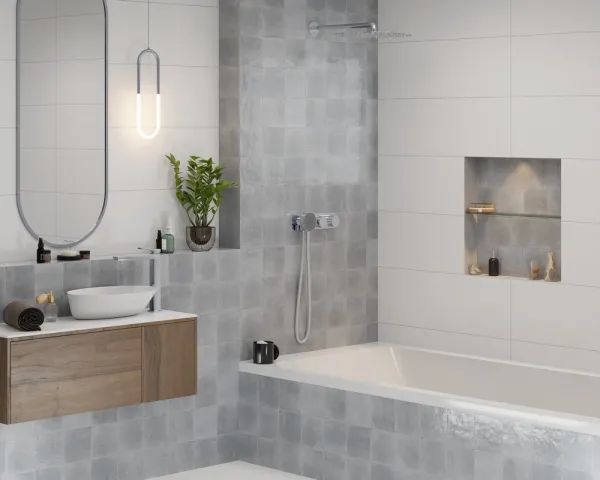 Baño con azulejos efecto monocolor en tonos neutros, colección Agadir de Dune