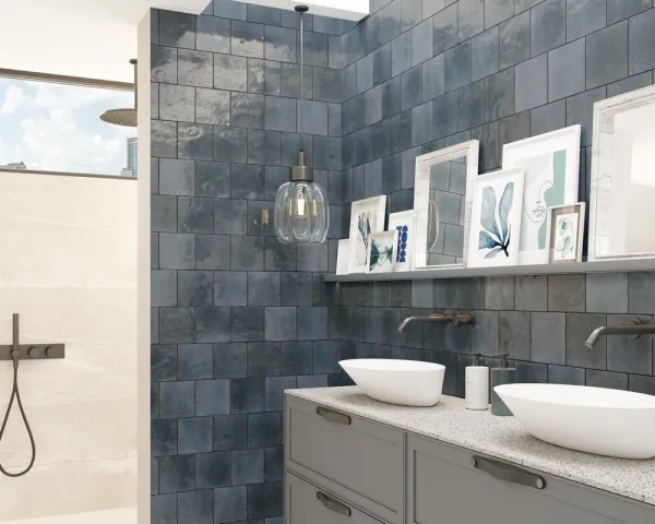 Baño con azulejos efecto monocolor en tonos fríos, colección Agadir de Dune