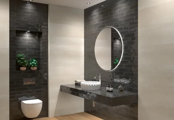 Baño con azulejos efecto monocolor en tonos neutros, colección Agadir de Dune