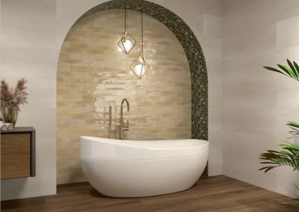 Baño con azulejos efecto monocolor en tonos cálidos, colección Agadir de Dune