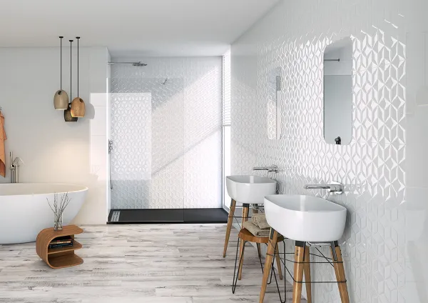Baño con azulejos efecto monocolor en tonos neutros, colección Andes-austral de Colorker