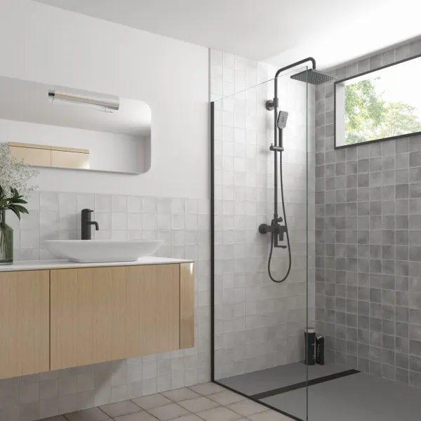 Baño con azulejos efecto monocolor en tonos neutros, colección Argile de Equipe