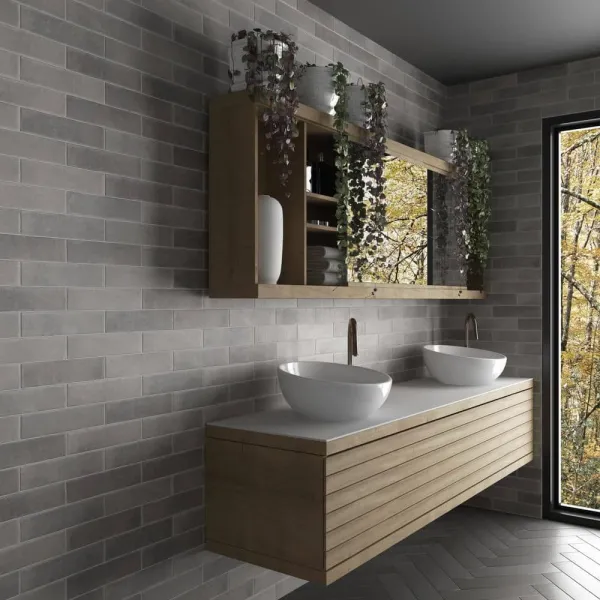 Baño con azulejos efecto monocolor en tonos neutros, colección Argile de Equipe