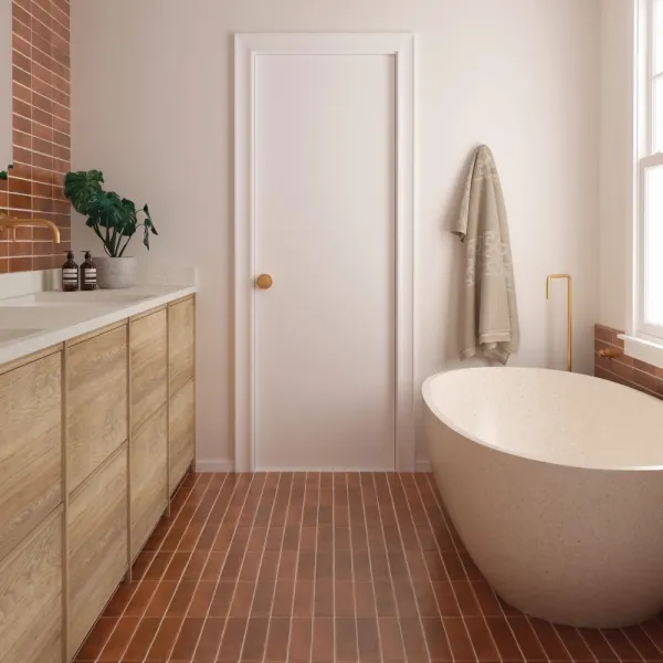 Baño con azulejos efecto monocolor en tonos cálidos, colección Argile de Equipe