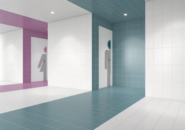Baño con azulejos efecto monocolor en tonos fríos, colección Arquitectos de Cinca