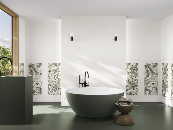 Baño con azulejos efecto monocolor en tonos neutros, colección Bellagio de Ape