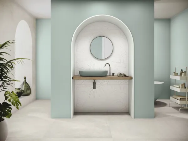 Baño con azulejos efecto monocolor en tonos neutros, colección Bellagio de Ape