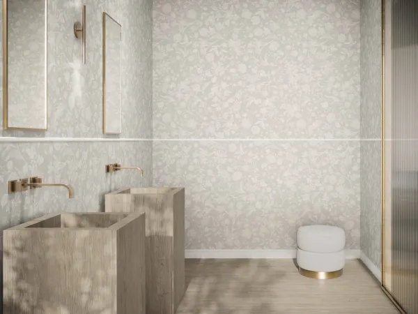 Baño con azulejos efecto monocolor en tonos cálidos, colección Bellagio de Ape
