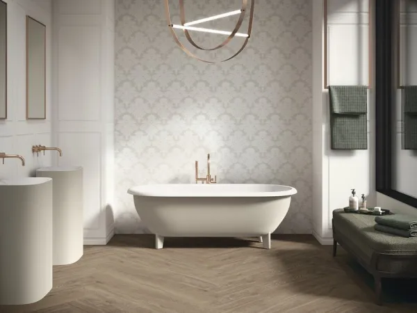 Baño con azulejos efecto monocolor, colección Bellagio de Ape