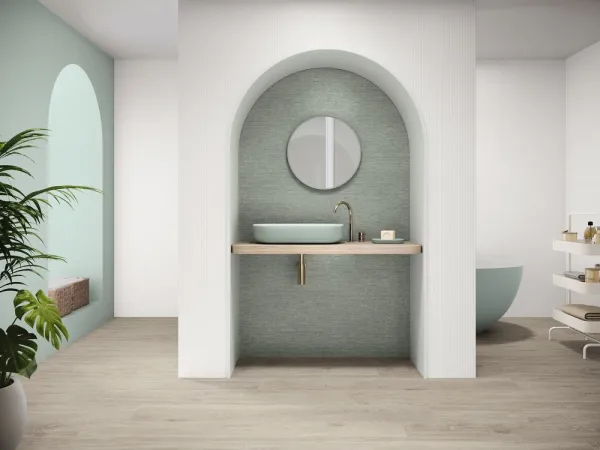 Baño con azulejos efecto monocolor en tonos neutros, colección Bellagio de Ape