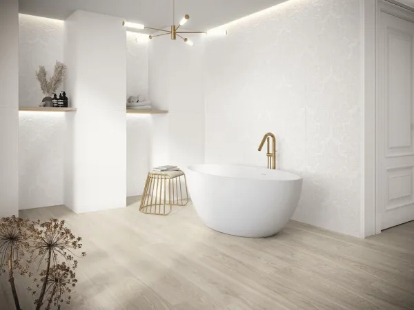Baño con azulejos efecto monocolor en tonos neutros, colección Bellagio de Ape