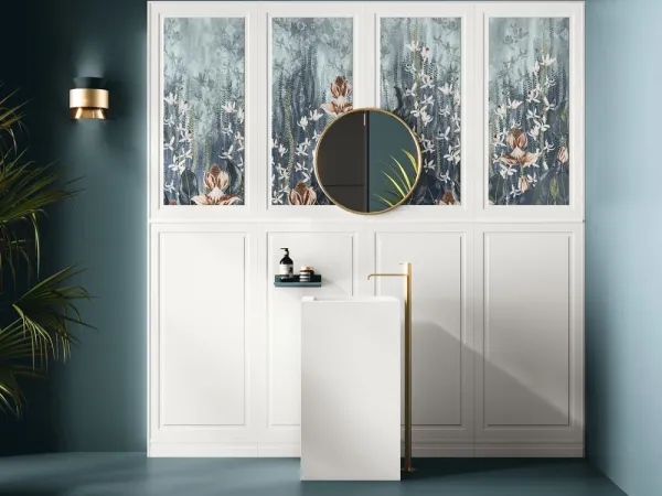 Baño con azulejos efecto monocolor en tonos fríos, colección Bellagio de Ape
