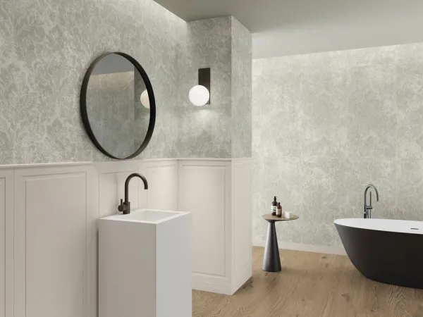 Baño con azulejos efecto monocolor en tonos neutros, colección Bellagio de Ape