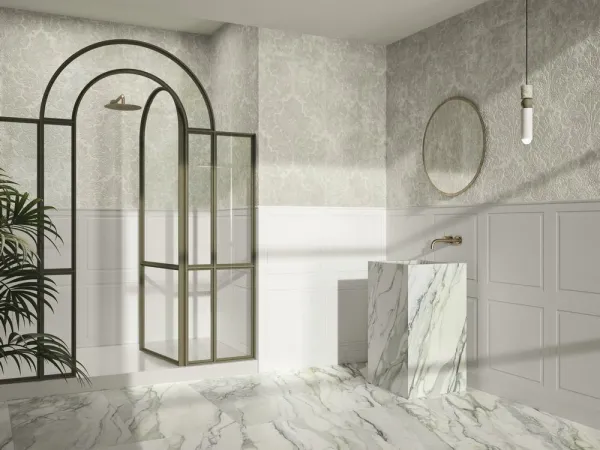 Baño con azulejos efecto monocolor en tonos neutros, colección Bellagio de Ape