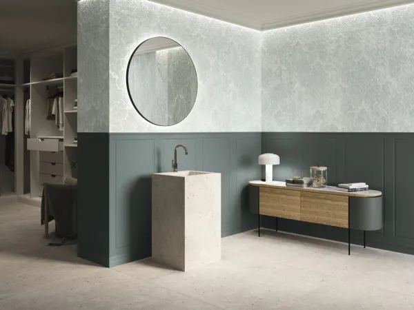 Baño con azulejos efecto monocolor en tonos neutros, colección Bellagio de Ape