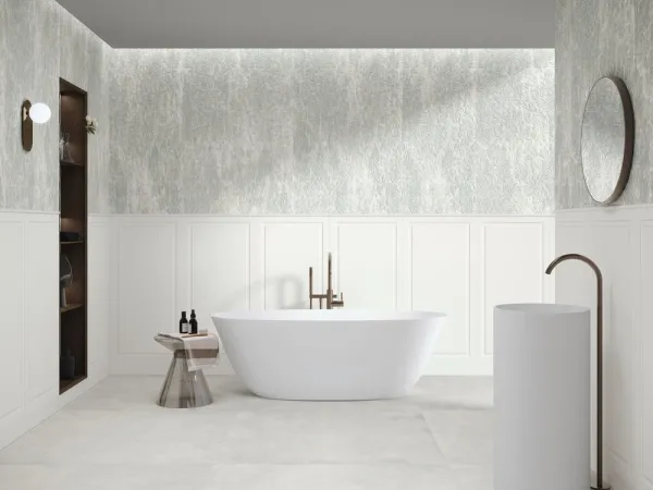 Baño con azulejos efecto monocolor en tonos neutros, colección Bellagio de Ape