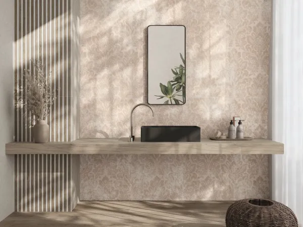 Baño con azulejos efecto monocolor en tonos cálidos, colección Bellagio de Ape