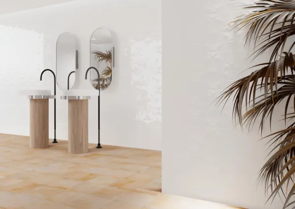 Baño con azulejos efecto monocolor en tonos cálidos, colección Bianchi de TAU ceràmica