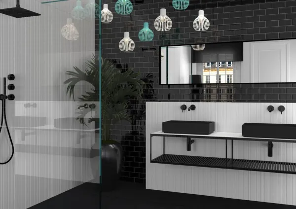 Baño con azulejos efecto monocolor en tonos neutros, colección Bianchi de TAU ceràmica