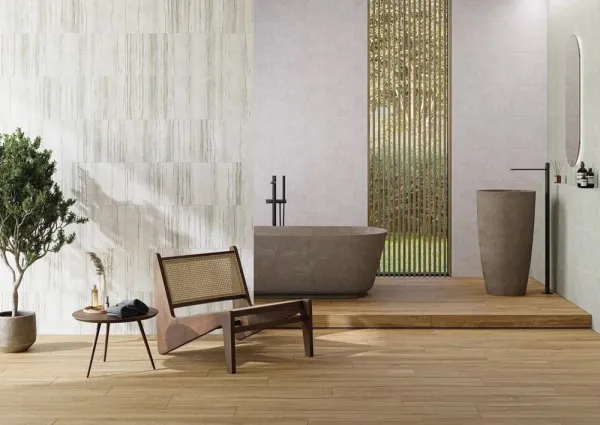 Baño con azulejos efecto monocolor en tonos cálidos, colección Botanical de Ibero Casa Infinita