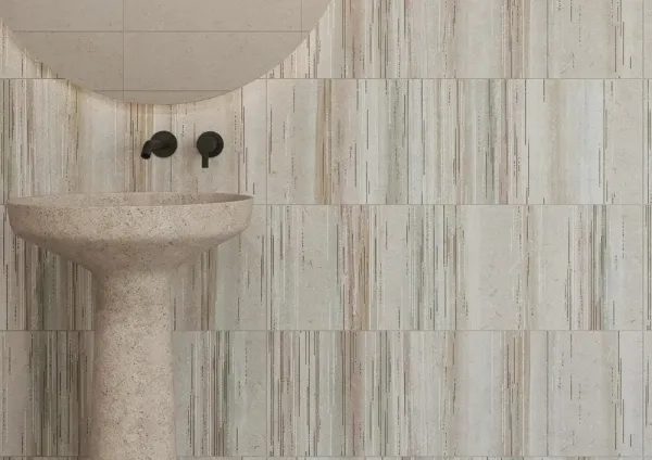 Baño con azulejos efecto monocolor en tonos cálidos, colección Botanical de Ibero Casa Infinita