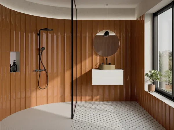 Baño con azulejos efecto monocolor en tonos cálidos, colección Bow de Harmony