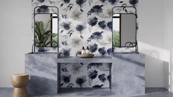Baño con azulejos efecto monocolor en tonos neutros, colección Calm de Fanal