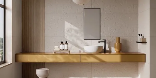 Baño con azulejos efecto monocolor en tonos cálidos, colección Calm de Fanal