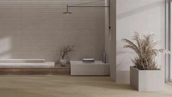 Baño con azulejos efecto monocolor en tonos cálidos, colección Calm de Fanal