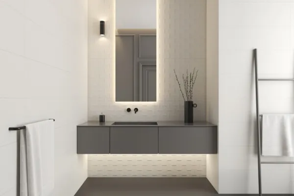 Baño con azulejos efecto monocolor en tonos neutros, colección Carpenter - museum de Argenta