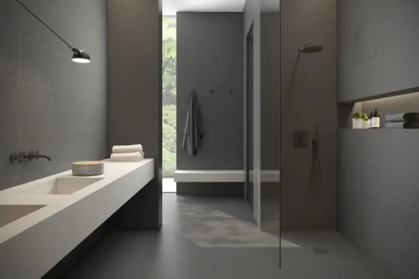 Baño con azulejos efecto monocolor en tonos neutros, colección Carpenter - museum de Argenta