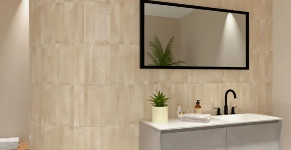 Baño con azulejos efecto monocolor en tonos cálidos, colección Celtic de Cerlat