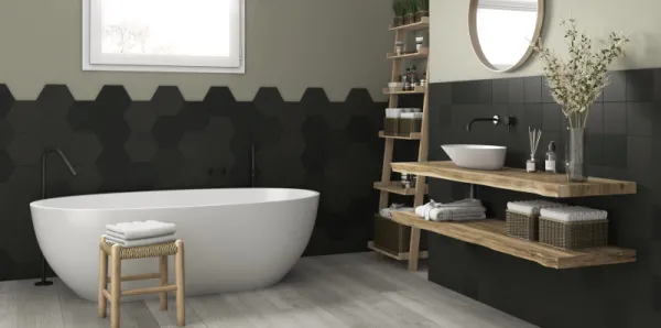Baño con azulejos efecto monocolor en tonos neutros, colección Chicago de Dune